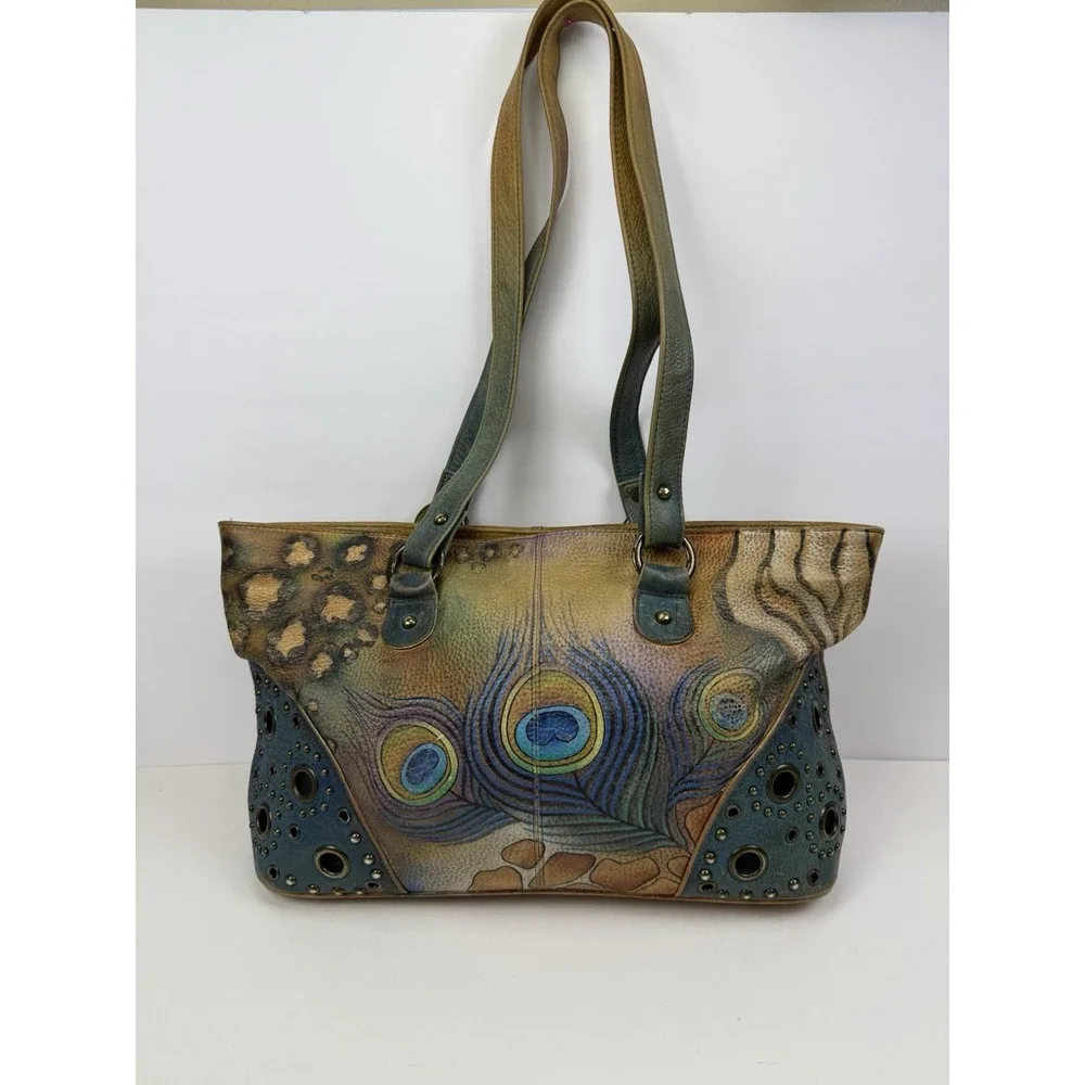 Anuschka peacock feather satchel bag studded blue hand painted signed art purse